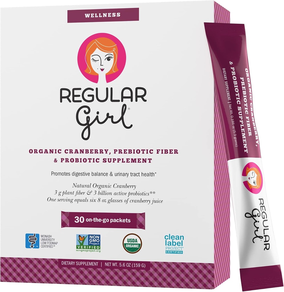 Regular Girl Wellness - Organic Cranberry, Prebiotic Fiber & Probiotic Supplement, 30 Servings