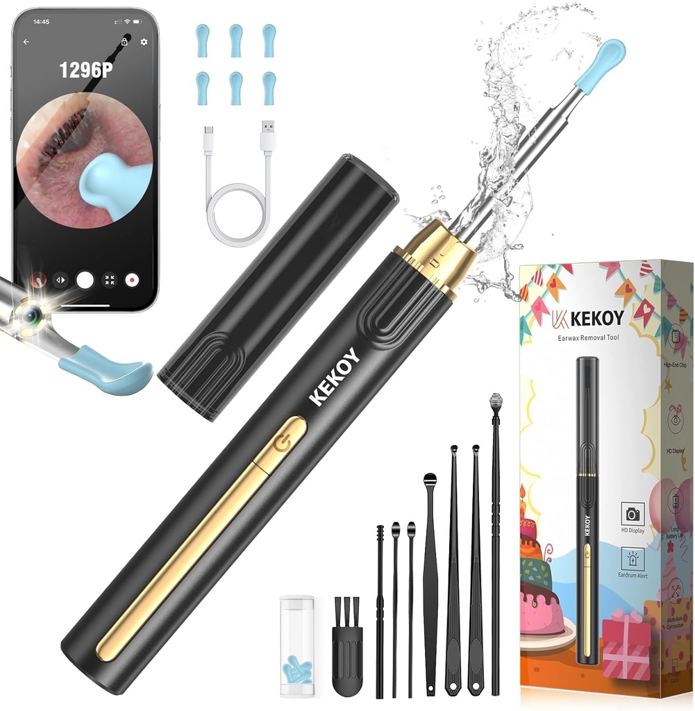 Kekoy Ear Cleaner με κάμερα για τα Χριστούγεννα, 1296P HD Ear Wax Removement Tool Camera, WiFi Otoscope με Light for Ear Cleaning, Ear Endoscope για iOS & Android, με 8 τεμ Ear Set (Gold)