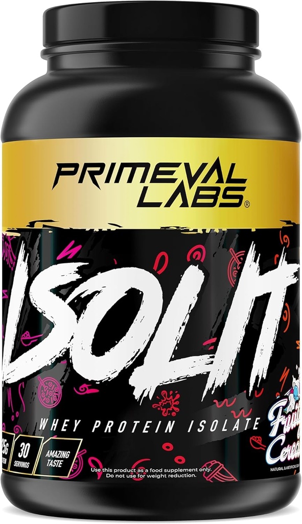 Primeval Labs ISOLIT - Whey Protein Powder, 100% Whey Isolate, 25g πρωτεΐνης, BCAAs, γρήγορη απορρόφηση, Easy Digesting (Fruity Cereal, 2lb)