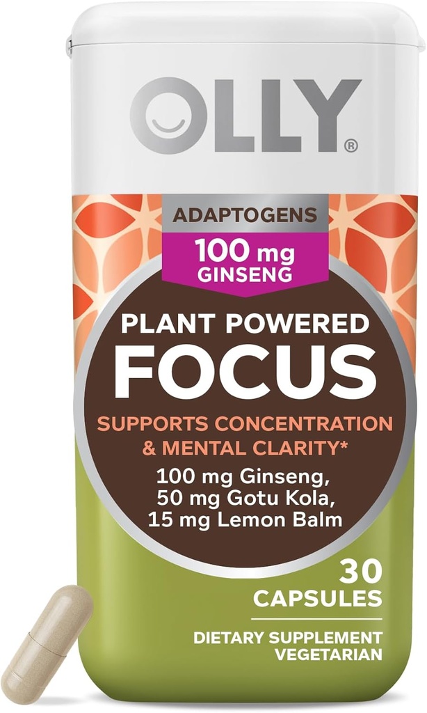 OLLY Focusogen, Ginseng, Gotu Kola, Mood Support Supplement, Vegetarian Capsules - 30ct