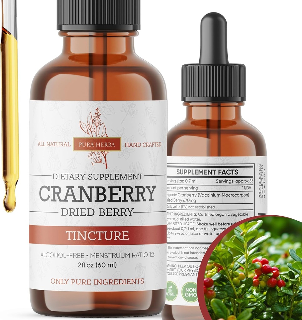 Cranberry Tincture - Organik Cranberry Extract Liquid, Alkol - Free Herbal Supplement - ABD'de Made in USA
