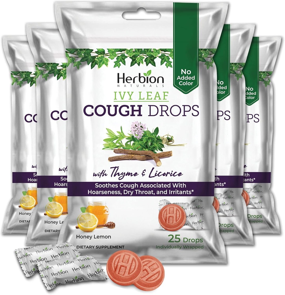 HERBION Naturals Ivy Leaf Cough Drops with Thyme & Licorice, Honey Lemon Flavor, Soothes Cough, for Adults & Children On 6 Years, 125 Count, Pack of 5