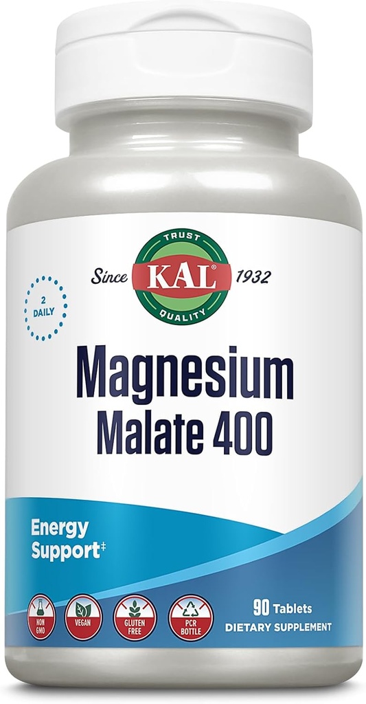 KAL Μαγνήσιο Malate 400mg, Chelated Magnesium Supplement with Malic Acid, Healthy Energy & Myster Function Support, Enhanced Abvorvation, Vegan, Non-GMO, 45 Servings, 90 Veg Tabs