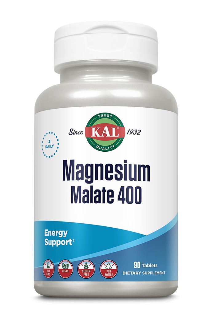 KAL Μαγνήσιο Malate 400mg, Chelated Magnesium Supplement with Malic Acid, Healthy Energy & Myster Function Support, Enhanced Abvorvation, Vegan, Non-GMO, 45 Servings, 90 Veg Tabs
