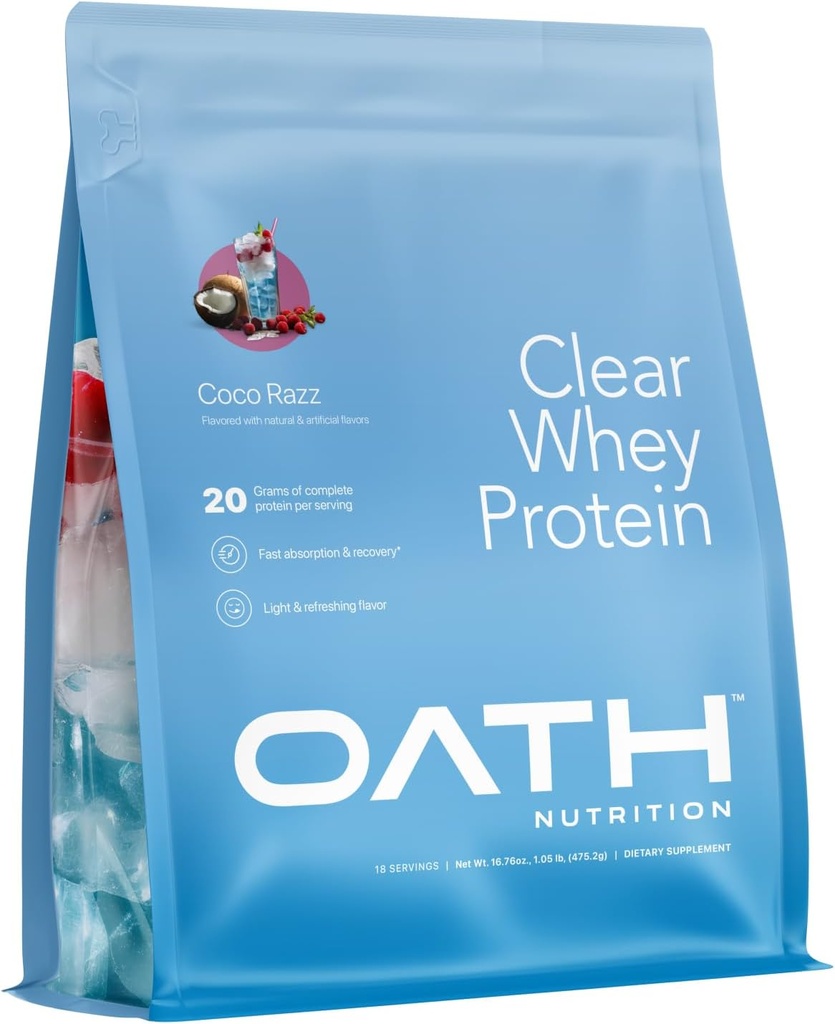Oath Nutrition Clear Whey Isolate protein Toz, Coco Razz, 20g Complete protein for Service, Nodrew Sugar, Grass-Fed, 18 Servisler