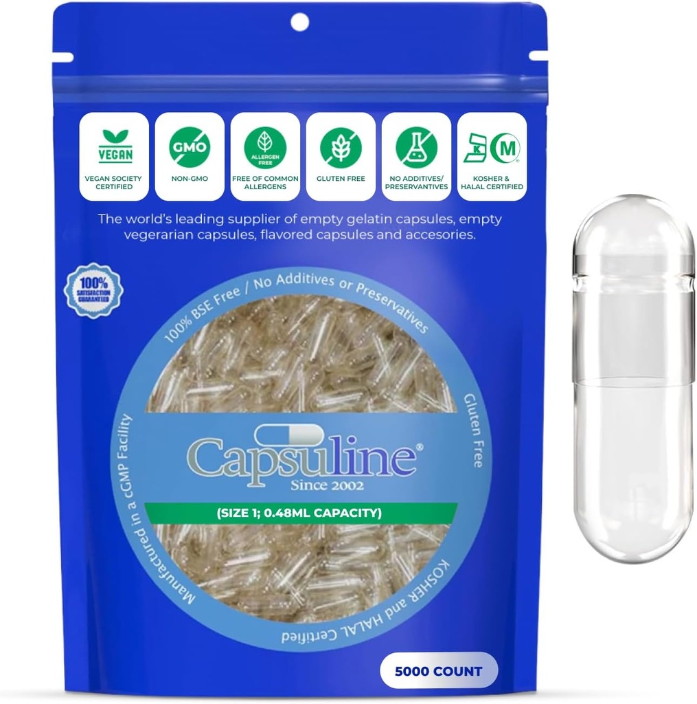 Capsuline Boyutu 1 - Clear Boş Vegan Capsules - 5000 Kont - Boş Veggie Pill Capsules - DIY Sebze Kapsülü - Boş Caps - Kosher ve Halal Sertifikalı - GMO sertifikalı