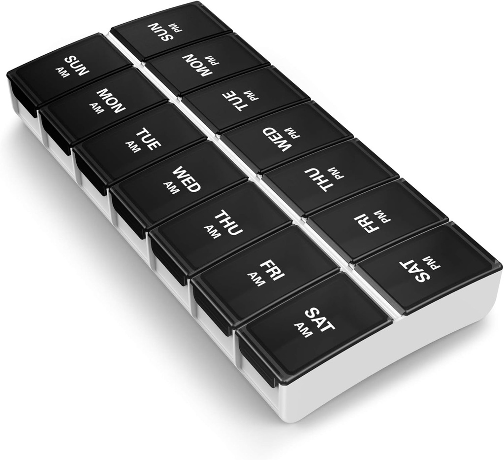 BUG HULL 7 Günlük AM/PM Pill Organizer - Portre Pill Box, Travel Case, Black