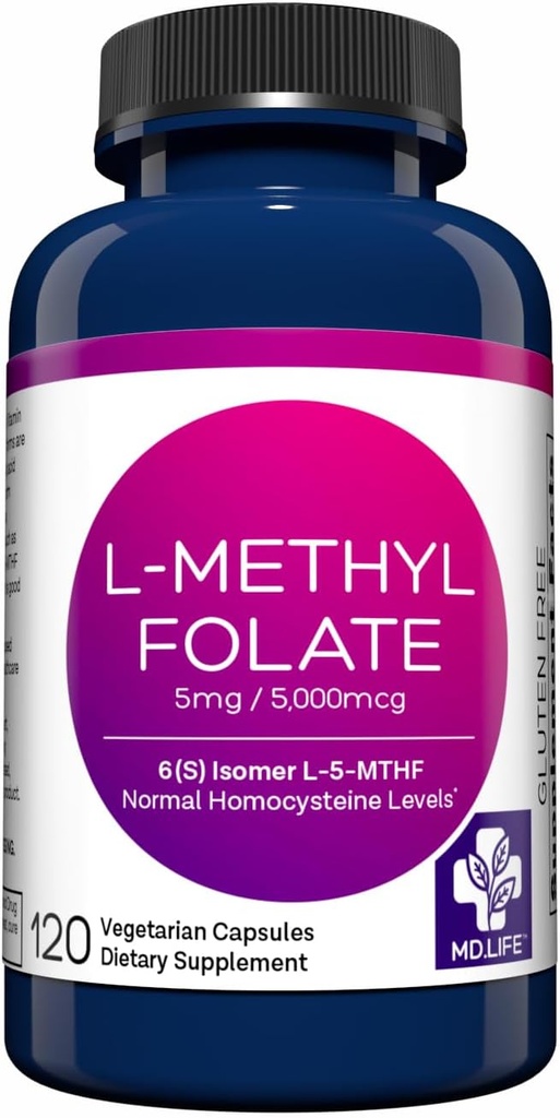 MD Life L-Methylfolate 5 mg Supplement - Professional-Grade Active L Methylfolate Supplement - 120 Capsules - L-Methylfolate 5mg - Maximum Potency MTHFR W/Essential Amino Acids