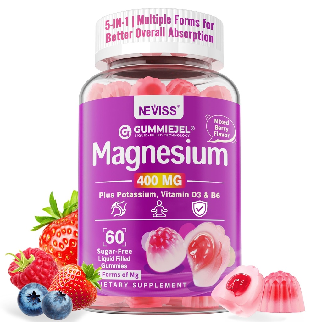 Magnezyum Gummies 400 mg | 5-in-1 Complex for Women & Men: Mag Glycinate, Citrate, Malate, Chloride & Taurate | w/Ashwagandha, D3 & çinko for Relaxtion, Mood,Energy | Sugar-Free, Vegan, 60Cts