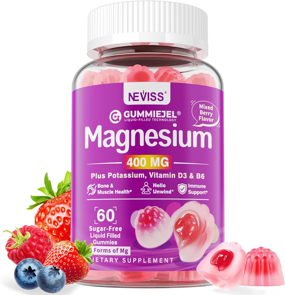 Magnezyum Gummies 400 mg | 5-in-1 Complex for Women & Men: Mag Glycinate, Citrate, Malate, Chloride & Taurate | w/Ashwagandha, D3 & çinko for Relaxtion, Mood,Energy | Sugar-Free, Vegan, 60Cts