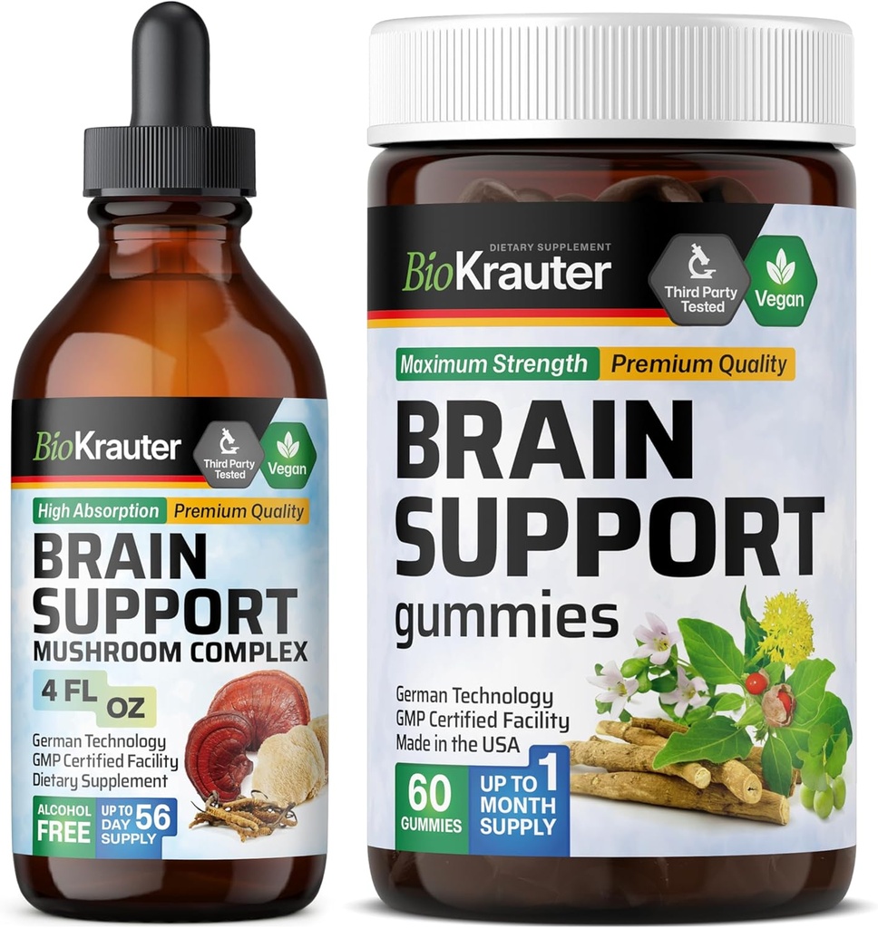 BIO KRAUTER Beyin Desteği 60 Gummies & Brain Support Mushroom Tincture 4 Fl. Oz.