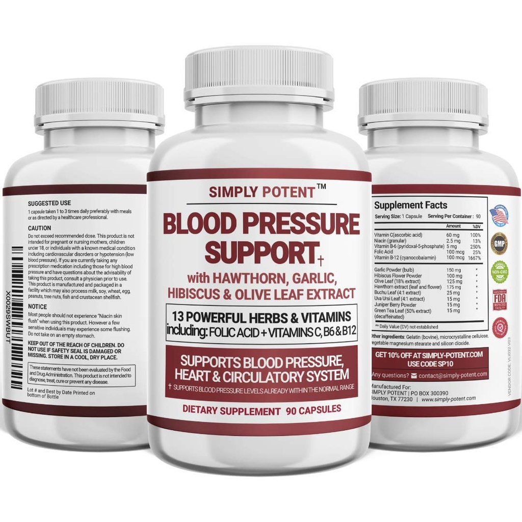 Kan Basıncı Destek Supplements - Sağlıklı Kalp, Cholesterol, Cardio, Hipertansiyon, Yüksek BP - 13 Vitamin & Herbs - Folic Asit, Vitaminler C B6 & B12, Hawthorn Olive Leaf, Hibiscus, 90 Capsule