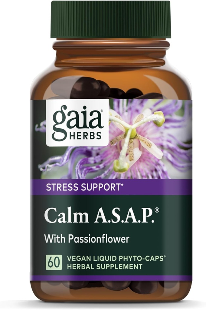 Gaia Herbs Calm A.S.A.P. Stres Desteği Supplement - Skullcap, Passionflower, Chamomile, Vervain, Holy Basil & More to Support a Natural Calm - 60 Vegan Liquid Phyto-Capsules (20-Day Supply)
