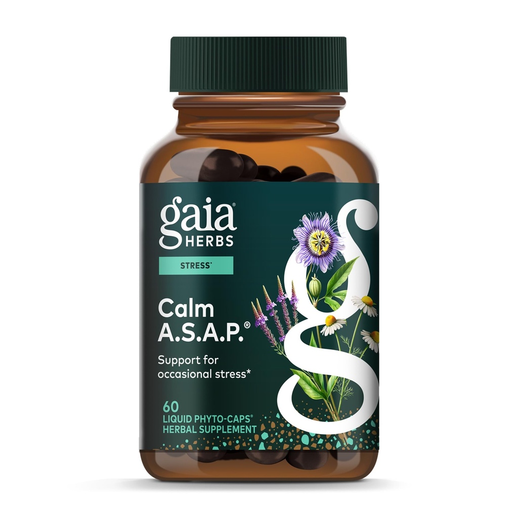Gaia Herbs Calm A.S.A.P. Stres Desteği Supplement - Skullcap, Passionflower, Chamomile, Vervain, Holy Basil & More to Support a Natural Calm - 60 Vegan Liquid Phyto-Capsules (20-Day Supply)