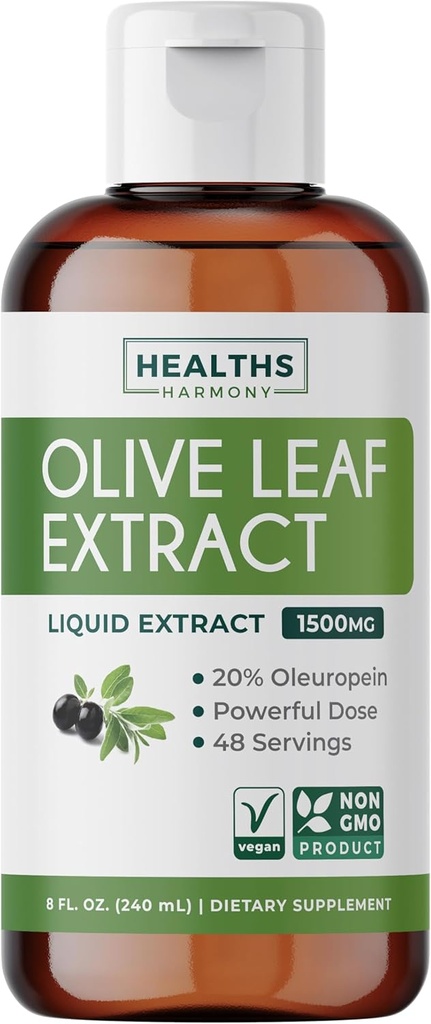εκχύλισμα φύλλων ελιάς (Non-GMO) Super Strength: 20% Oleuropein - 1500mg - χορτοφαγική - συμπλήρωμα υποστήριξης ανοσοποιητικών, υγεία του δέρματος, και ισχυρό συμπλήρωμα αντιοξειδωτικών - εκχύλισμα υγρού - 8 Fl Oz