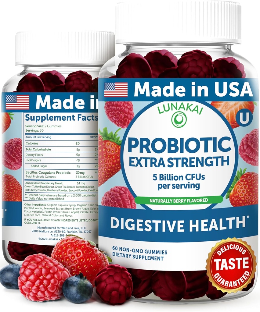 Lunakai USA Probiyotik Gummies - 5 Milyar CFUs, Vegan, Non-GMO, Gluten-Free - Digestive & Immune Support for Women & Men - 60 Chewable Gummies