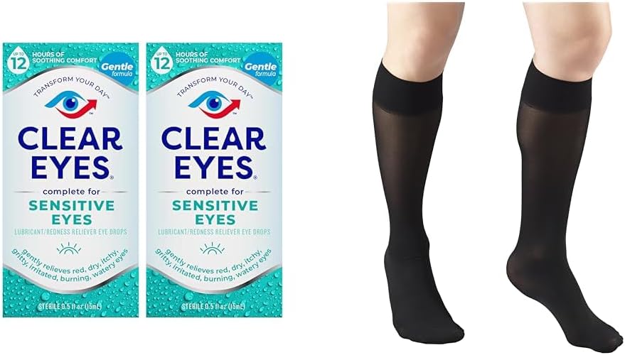 Clear Eyes Hassas Eye Drops 2 Pack & Truform Sheer Promosyonlar Kadın Dizleri Yüksek 20 Denier Black Medium
