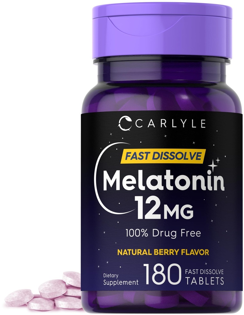 Carlyle Melatonin 12 mg Hızlı Dissolve 180 Tabletler | Uyuşturucu Ücretsiz | Doğal Berry Flavor | Vegetarian, Non-GMO, Gluten Free