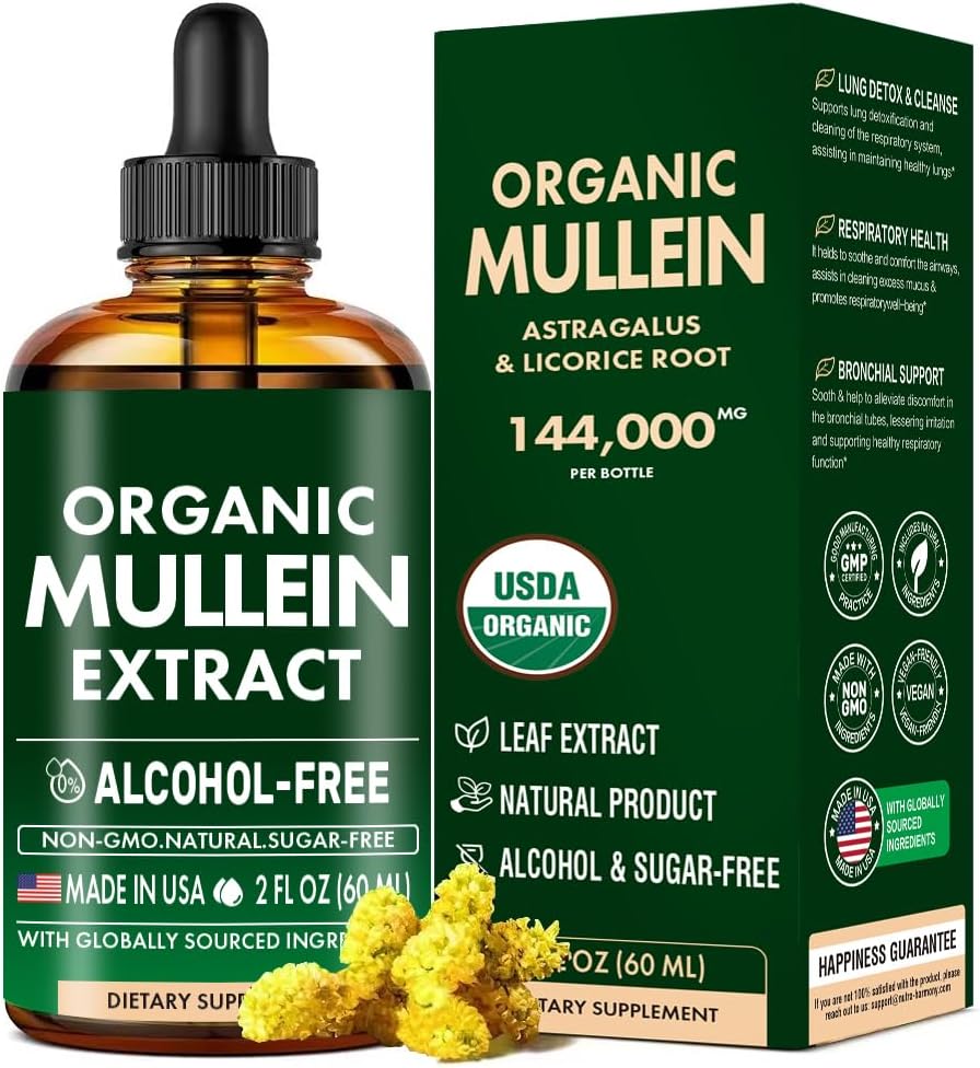 Lungs için Mullein Drops, Mullein Leaf & Licorice Extract Support Lung Cleanse & Health Breathing, Organic Mullein Leaf Tincture Herbal Supplement, No Wordss Mullein Extract 2 fl Oz 60Mlin