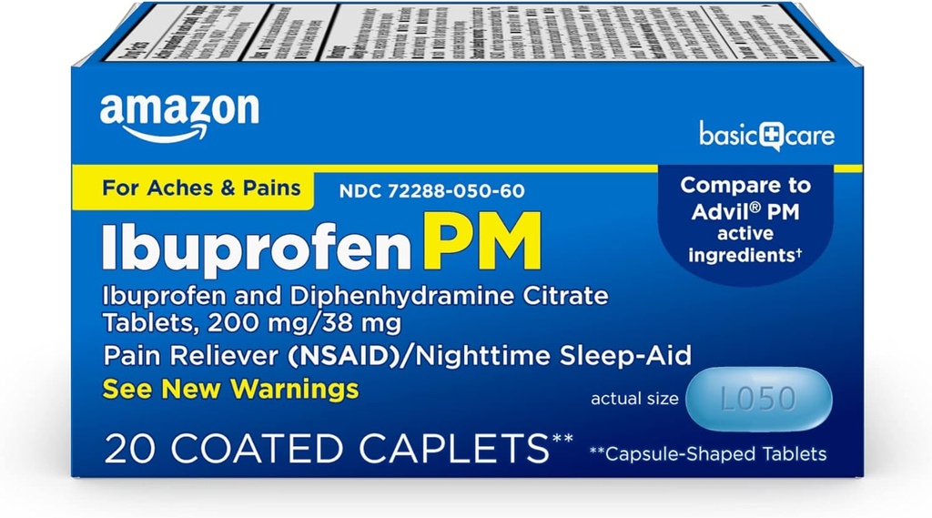 Temel Bakım Ibuprofen PM, Ibuprofen 200 mg ve Diphenhydramine Citrate 38 mg Tablet, Ağrı Reliever ve Nighttime Sleep-Aid, 20 Kont