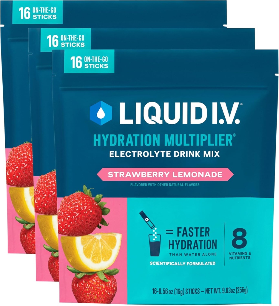 Liquid I.V.® Hydration Multiplier - Strawberry Lemonade | Electrolyte Powder Drink Mix | 3 Pack (48 Servings)