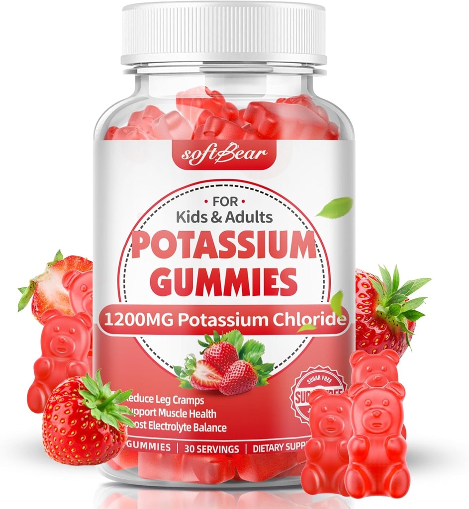 Μαλακοπάρου Κάλιο Gummies για ενήλικες, Ζάχαρη Χωρίς Χλωριούχο Κάλιο Gummies 1200mg Πόδι στήριξης Cramps & Ηλεκτρολύτη Ισορροπία Υψηλής Ικανότητας Συμπλήρωμα καλίου, Φράουλα Γεύση 60 Count