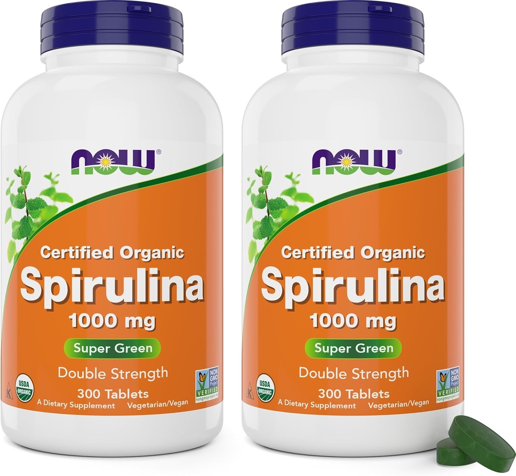 Şimdi Gıdalar Organik Spirulina 1000 mg Tabletler - 300 Kont (Pack of 2) - Non-GMO, Super Green Whole Food Supplement - Double Strength 1000 mg - Natural Occurring Beta-Carotene (VIT A), B-12 ve GLA