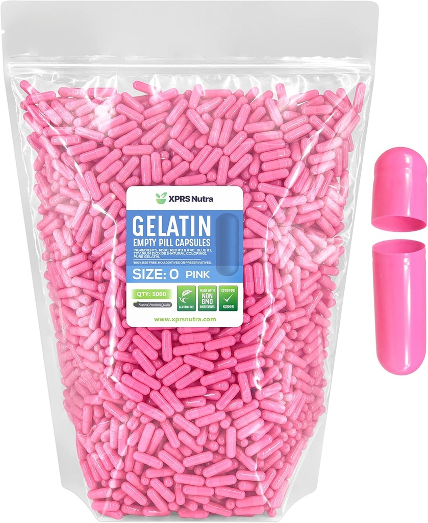 XPRS Nutra Μέγεθος 0 Κενές κάψουλες - 5000 Count Empty Gelatin Κάψουλες - Χάπια DIY Καψάκιο Γέμισμα - Αγνά καπάκια τζελ Μπόβιν Χάπια για το Do-It-Yourself Συμπληρώματα (Pink)