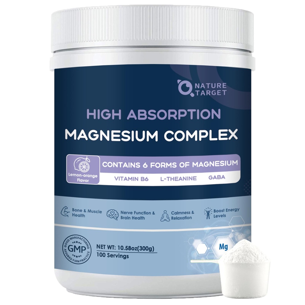 NATI TARGET Magnezyum Toz Supplement with Glycinate, Citrate, Malate, Magnezyum Kompleksi L-Theanine & Vitamin B6 for Muscle, Heart & Brain, Vegan, 10.58 oz (100 hizmet) Lemon Orange Flavor