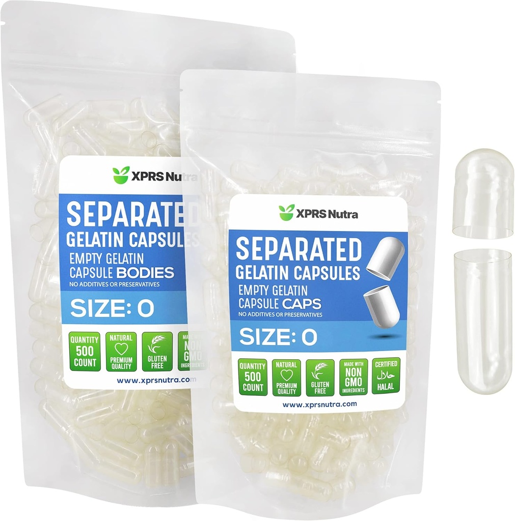 XPRS Nutra Gelatin Boyutu 0 Ayrılı Kapsüller - 500 Kont Clear Boş Kapsüller Çantada Ayrıldı - Boyut 0 Gelatin Pills - Clear Boş Gel Caps for DIY Tamam Filling