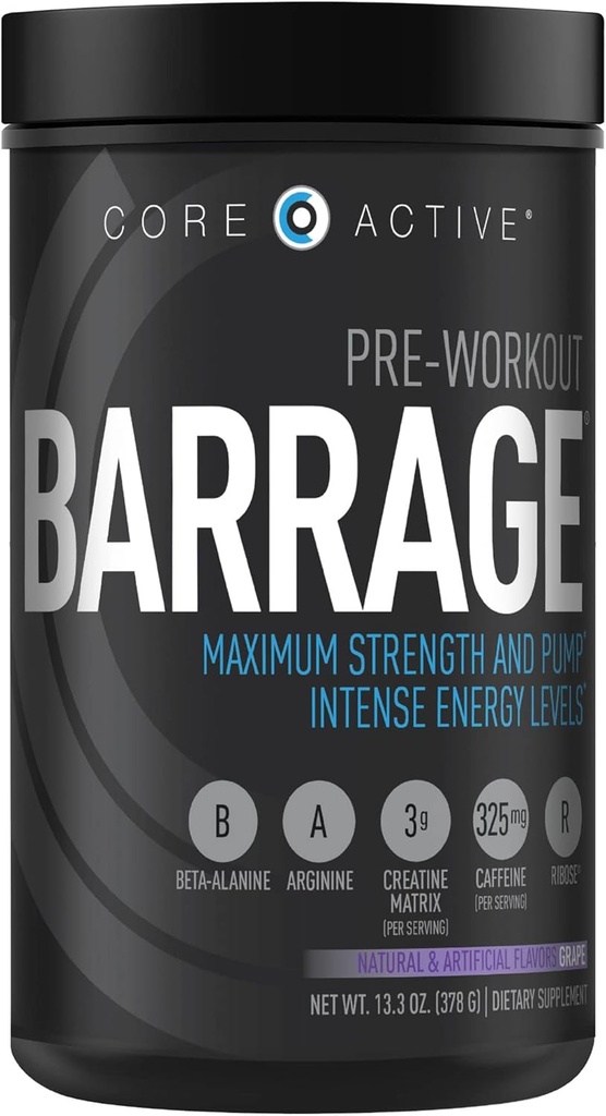 Barrage Pre Workout Toz - Kadınlar ve Erkekler için Preworkout, Kretine Toz, Beta Alanine, Agmatine Sulfate, & Caffeine - Kas Builder for Men with Intense Energy - Grape (30 hizmet)