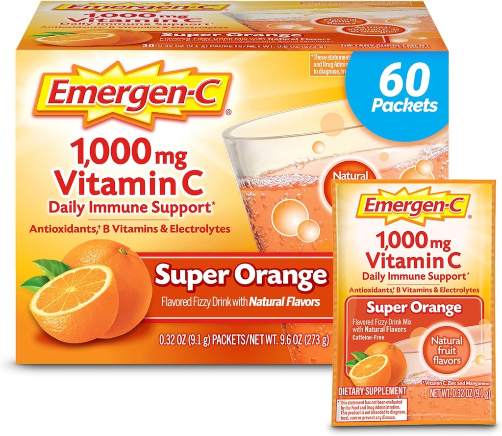 Emergen-C 1000 Vitamin mg C Toz Daily Immune Support Caffeine Free Vitamin C Supplements with çinko Manga and Electrolytes, Super Orange Flavor - 60/2 Ay Supply