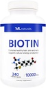 ML Naturals Βιοτίνη 10000 mcg 240 Καψάκια λαχανικών. Υποστηρίζει υγιή μαλλιά, δέρμα, νύχια, και την παραγωγή ενέργειας, NSF-Certified & cGMP-Compliant