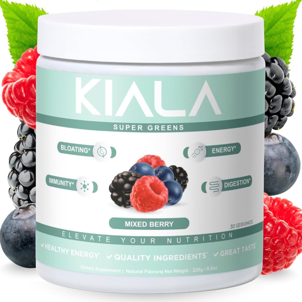 Διατροφή Kiala Super Greens, Βιολογικά Πράσινα Σκόνη με Spirulina & Chlorella για Digestion, Υγεία κόκκων, Ανοσία, Ενέργεια, Χωρίς γλουτένη, Vegan, Χωρίς ζάχαρη, Μικτό μούρο, Spectra Blend, 30 Μερίδες
