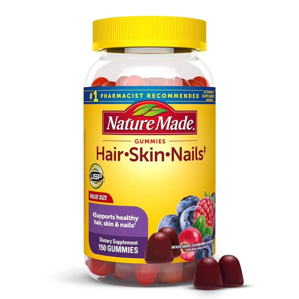 Nature Made Hair Skin and Nails with Biotin 2500 mcg, Dietary Supplement for Health Hair, Skin & Nails Support, 150 Gummies, 75 Day Supply