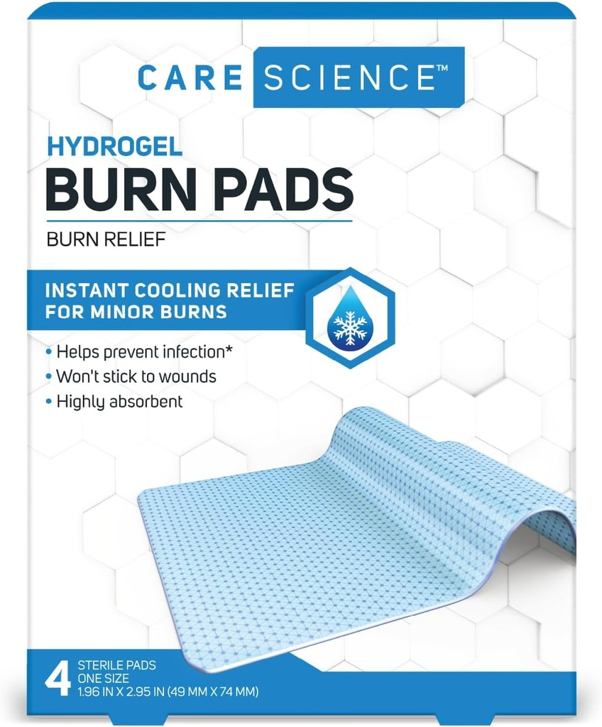 Care Science Hydrogel Sterile Burn Dressing Bandage Pads for Burn Relief, 4 ct | Instant Soğutma Relief for Minor Burns & Yaras