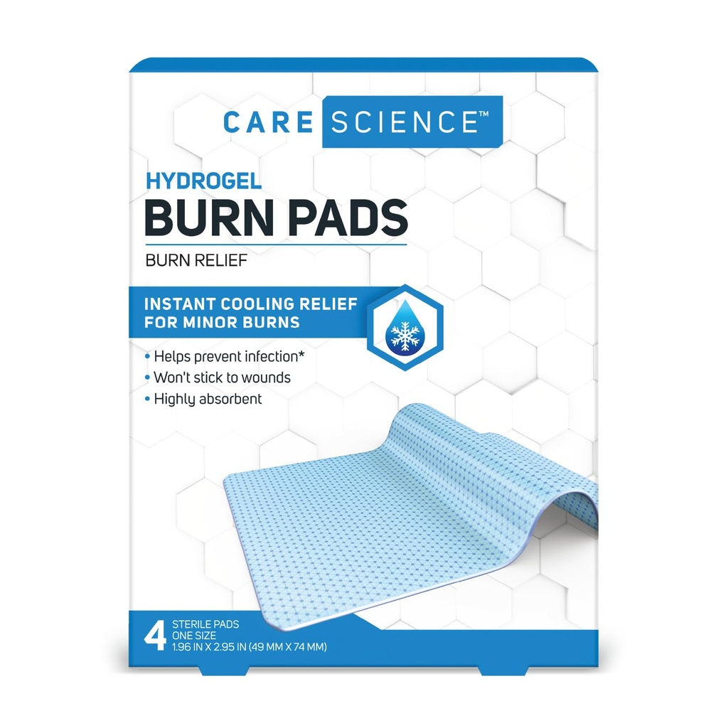 Care Science Hydrogel Sterile Burn Dressing Bandage Pads for Burn Relief, 4 ct | Instant Soğutma Relief for Minor Burns & Yaras