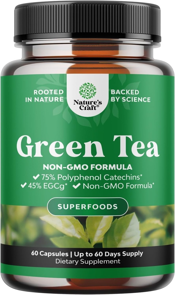 Green Tea Extract Capsules - 500 mg Pure Leaf Green Tea Caffeine Supplement - EGCG, Caffeine Extract & Polyols Supplement for Health Metabolism Support for Women & Men - Natural Detox - 60 Count