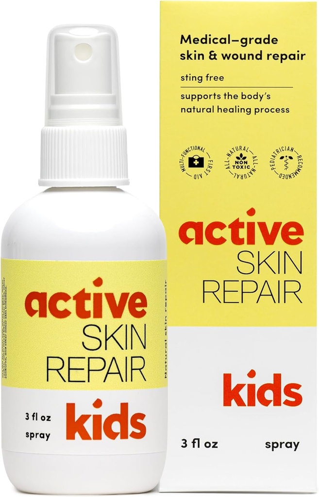 Active Skin Repair Kids First Aid Spray - Μη Τοξική & Φυσική Παιδική Αντισηπτική Φόρμουλα για Μικρά Κόμματα, Τραύματα, Σκραπς, Εξανθήματα, Sunburns, και Άλλες Ερεθίσεις του δέρματος (3oz Spray)