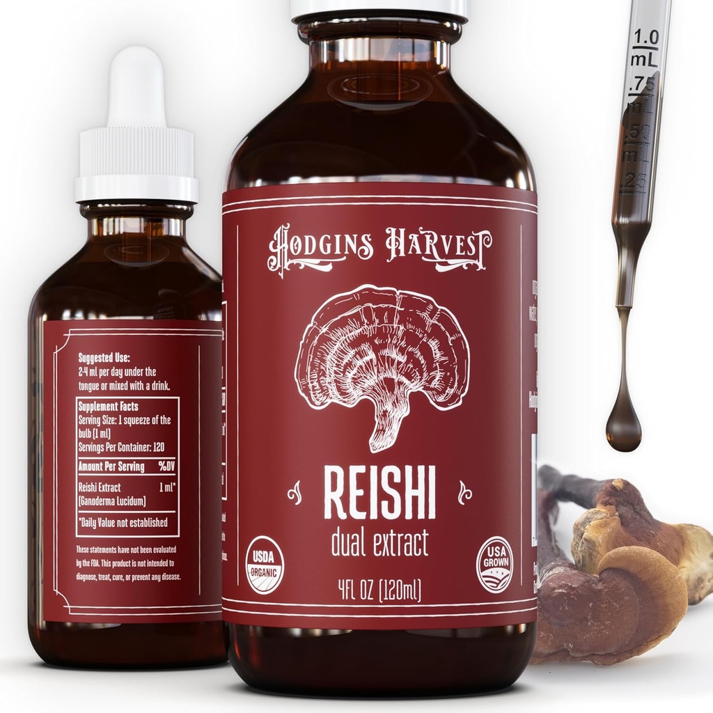 Hodgins Harvest Organic Reishi Mushroom Meyveing Body Extract Tincture - Ekstra Yoğun Dual Extract Supplement - Supports Heart Health & Wellness - USDA Organic Mushrooms - 4 oz