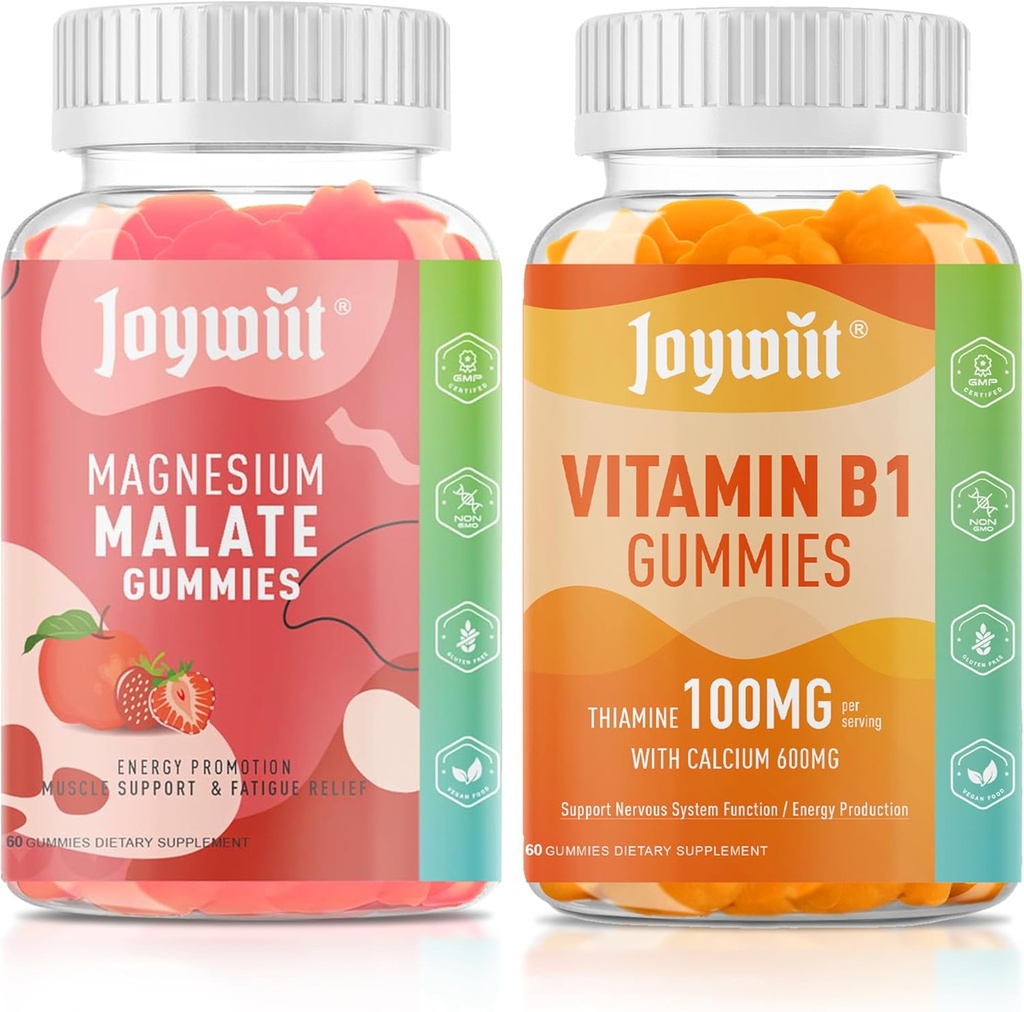 Magnezyum Malate + L-Theanine + CoQ10 + B6 (Strawberry) & Thiamine B1 + Kalsiyum (Orange) Gummies, Stres Yardımı, Enerji, Nerve & Bone Support, Vegan Non-GMO, 120 Chewables (2×60)
