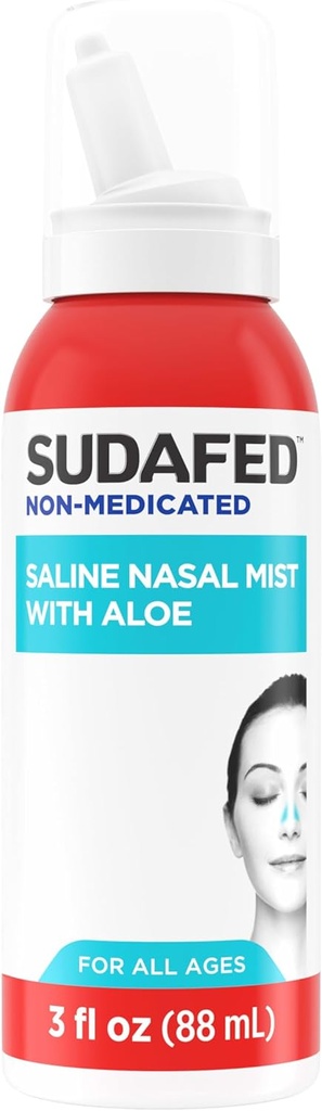 Sudafed Non-Medicated Saline Nasal Mist with Aloe, Sinus Saline Nose Spray for All Ages Quick Flushes & Moisturizes Nasal Passages, Use Nasal as often As Needed, Drug-Free, 3 fl. ozzz