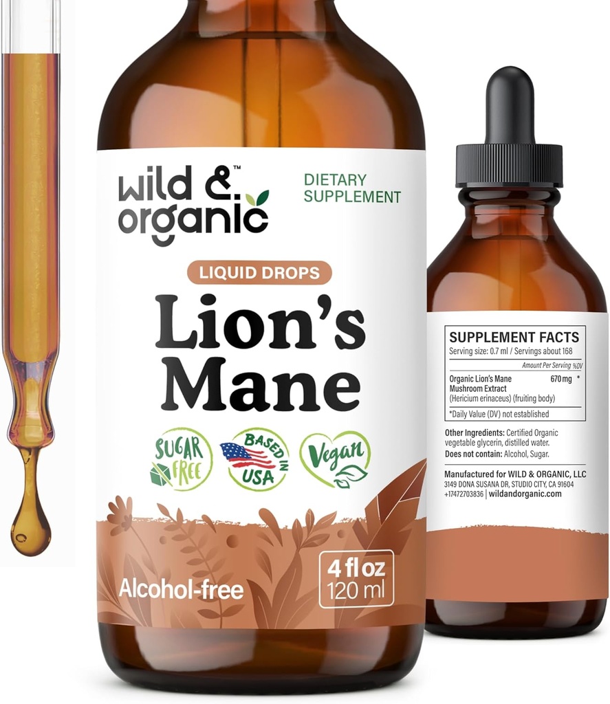 Wild & Organic Lions Mane Liquid Drops - Brain & Focus Support - Lion's Mane Mushroom Supplement - Hericium Erinaceus Mushroom Drops - Vegan, Sugar & Alkol Free Extract Tincture - 4 fl oz