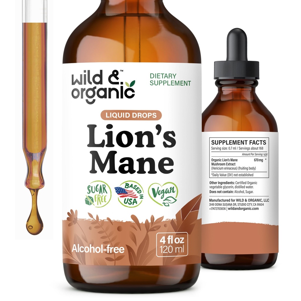 Wild & Organic Lions Mane Liquid Drops - Brain & Focus Support - Lion's Mane Mushroom Supplement - Hericium Erinaceus Mushroom Drops - Vegan, Sugar & Alkol Free Extract Tincture - 4 fl oz