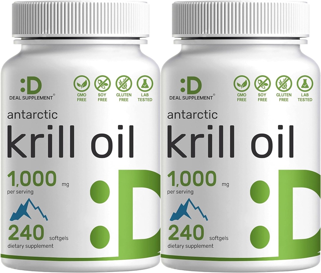 DEAL SUPPLEMENT 2 Pack Antarktika Krill Oil, 1000 mg Per Service, 480 Softgels – Merkür Ücretsiz, Balık Tadısı – Omega-3s, EPA, DHA, Astaxanthin, & Phospholipids – Non-GMO, No Glutenten