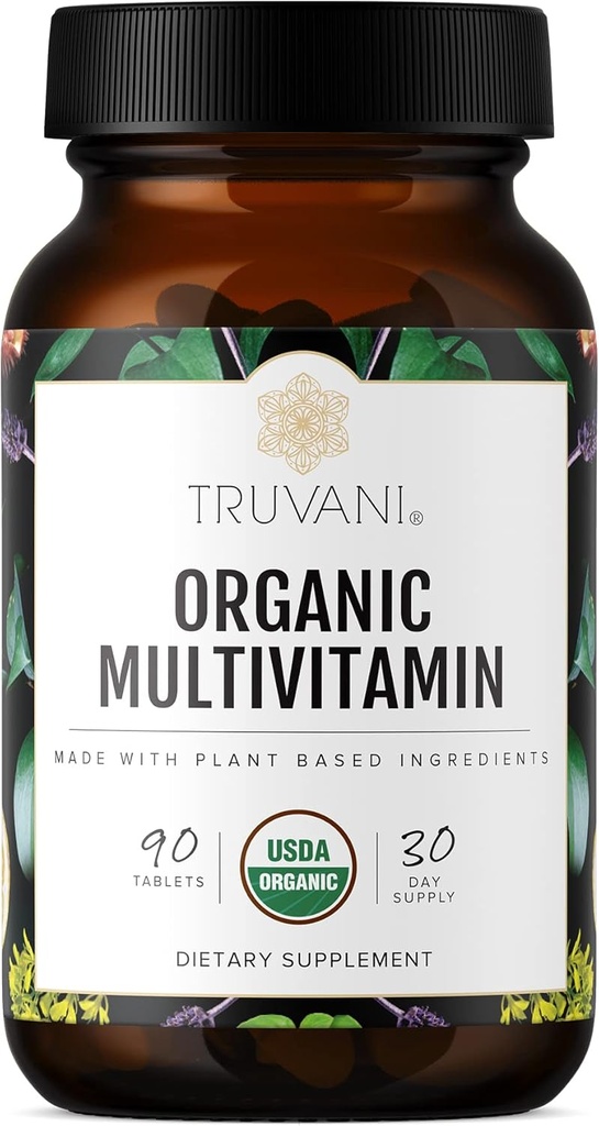 Truvani Daily Organic Multivitamin Supplement - Vegan, Non GMO Tablets with Iron & Biotin - Γαλακτοκομικά, Σόγια, & Gluten Free - 30 Day Supply (90 Tablets)