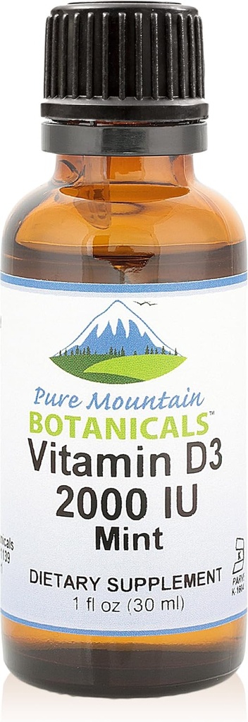 Pure Mountain Botanicals Γεύση Βιταμίνη D σταγόνες – Mint Flavored Liquid Vitamin D3-2000iu per Serving - 1oz μπουκάλι