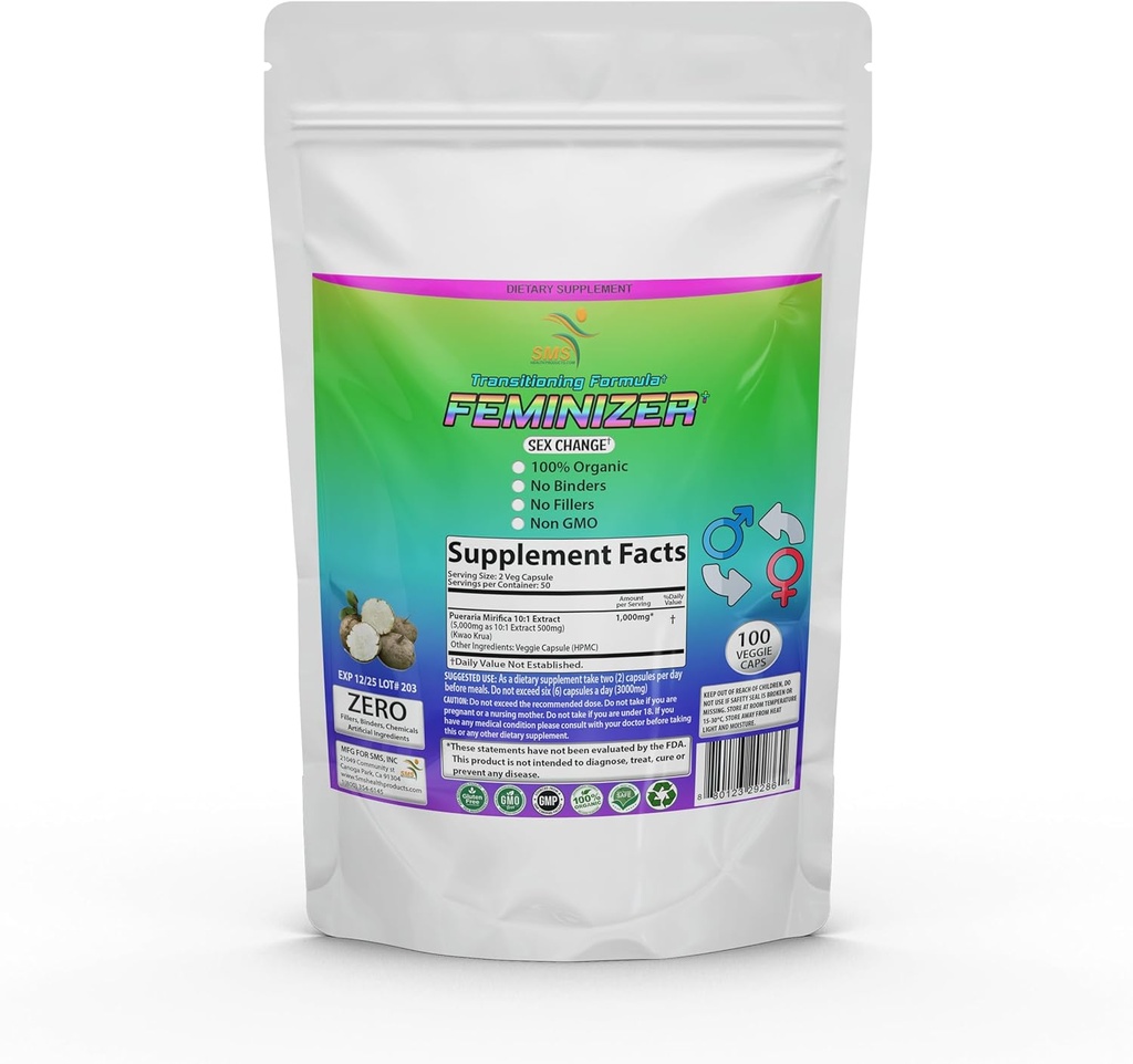 Feminizer Sex Change Pills by SMS, 100 Veggie Caps Pueraria Mirifica For Estrogen 1000mg Pure 10:1 Root Extract Toz - Kwao Krua Kao - Premium Grade, Kadınlar için Organik, Transgender, Ladyboy