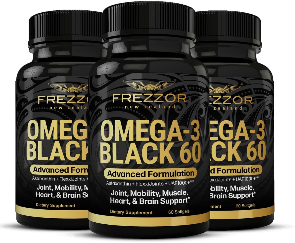 FREZZOR Omega 3 Black for Joint Care & Comfort - Yeni Zelanda Yeşil Lipped Mussel Oil Capsules; 53x UAF1000+ Super Antioxy, No Fishy Aftertaste, 60 Count (Pack of 3)