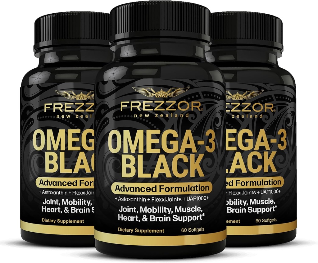 FREZZOR Omega 3 Black for Joint Care & Comfort - Yeni Zelanda Yeşil Lipped Mussel Oil Capsules; 53x UAF1000+ Super Antioxy, No Fishy Aftertaste, 60 Count (Pack of 3)